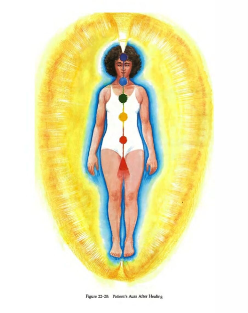 female energetic field surrounded by yellow egg-shell shaped light then blue light then physical body with colorful chakra energy centers