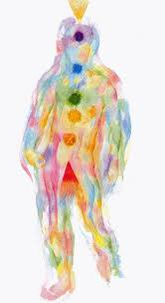 cloud-like blurred rainbow colors outline of male body with colorful chakra energy centers