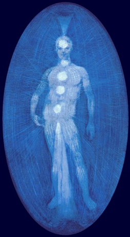 blueprint of male fifth energetic layer blue lines and grids chakra-centers-bright-rays-of-light-male body-surrounded by egg shaped blue rays light