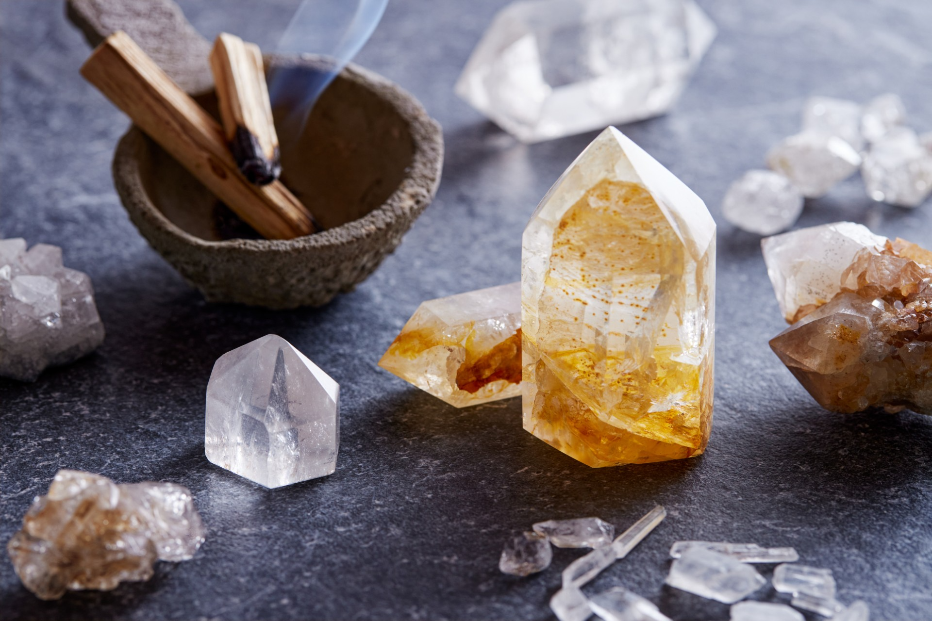 Healing orange and clear quartz crystals stones smudging bowl palo santo smoky quartz citrine