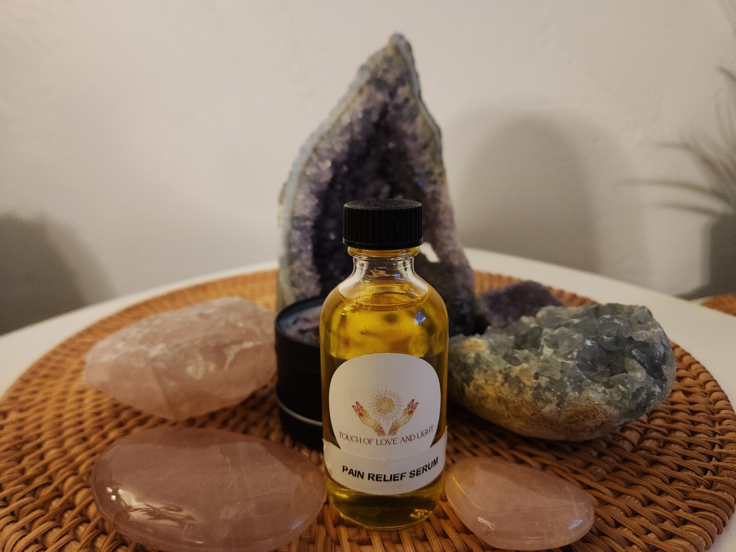 pain relief serum in glass bottle